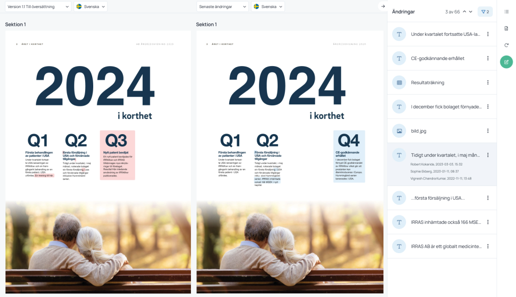 Skärmbild som visar två versioner av samma rapport sida vid sida.
